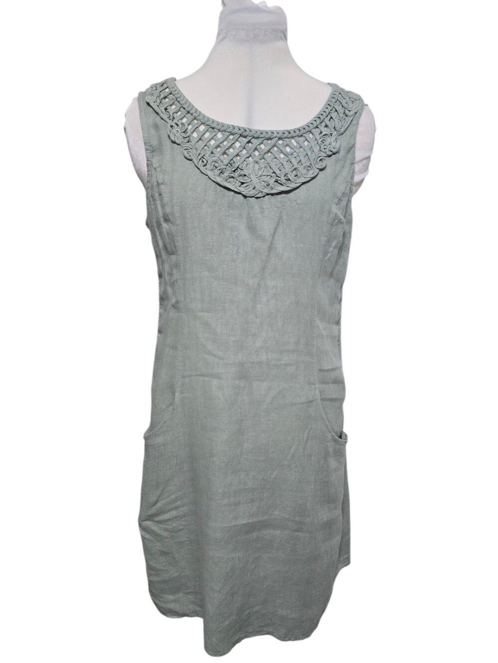 Lungo L'Arno Italian Linen Shift Dress Sage Green Pockets Crochet Lagenlook S